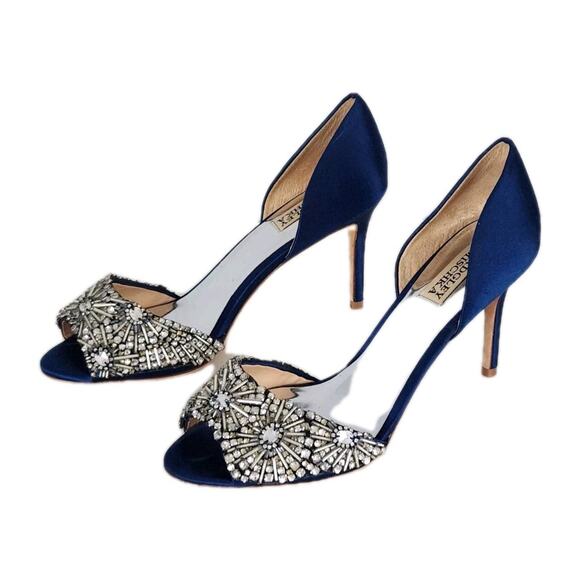 Badgley Mischka Candace Dress Pump Stormy Blue Peep Toe Embellished Size 9 1/2 - Picture 2 of 10